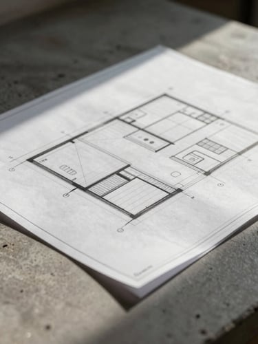 Macro shot of architectural blueprints resting on a concrete table, high-contrast natural light casting geometric shadows across structural lines