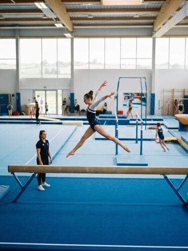 Bright athletic photography of a modern gymnastics hall in Erstein, natural daylight streaming through high windows, blue floor mats, parallel bars, and balance beams, clean composition, 35mm