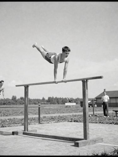 Vintage archival photograph of early 20th-century gymnasts in Erstein, black and white, outdoor training with wooden apparatus, authentic historical document, 35mm style