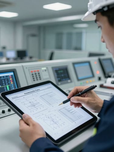 Close-up of a certified safety engineer analyzing technical schematics on a tablet inside a modern control room, cool crisp daylight, technical details