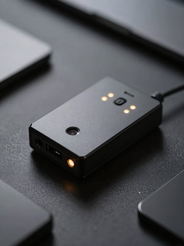 Macro shot of a clean, premium hardware interface with subtle yellow LED status indicators in a dark, minimalist workspace, low-key dramatic lighting.