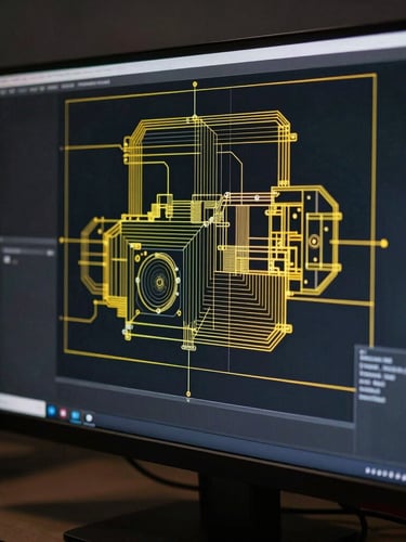 Extreme close-up of clean system architecture wireframe diagram displayed on a high-end monitor in a dark studio, sharp yellow highlight lines, minimalist technical aesthetic.