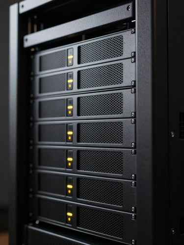 Extreme close-up of a high-end minimalist server rack with subtle yellow indicators in a dark studio, sharp focus, low-key lighting.