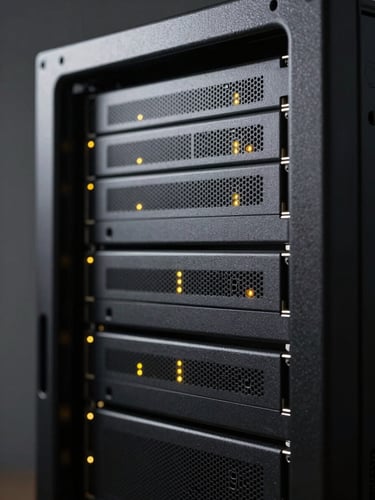 Macro shot of a high-end minimalist server rack with subtle yellow diagnostic LEDs, dark atmospheric studio lighting, sharp contrasts, technical precision