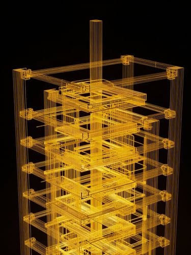 Abstract technical wireframe of system architecture, sharp yellow lines on pitch black background, architectural precision.