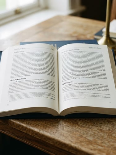 Close-up of a high-quality academic journal open on a wooden desk, bright natural library daylight, sharp focus on printed Indonesian text, deep navy tones, 35mm