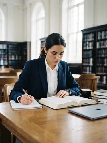 Editorial academic photography, bright natural library daylight, deep navy and clean white tones, sharp focus, 35mm