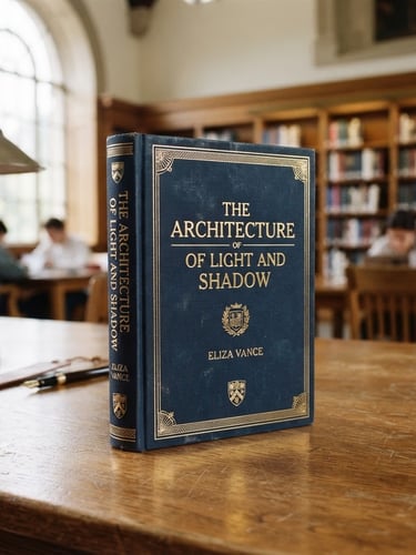 Editorial close-up of a high-quality academic book with deep navy cover and gold foil lettering, resting on a clean wooden desk in a bright university library, soft window light, professional 35mm photography