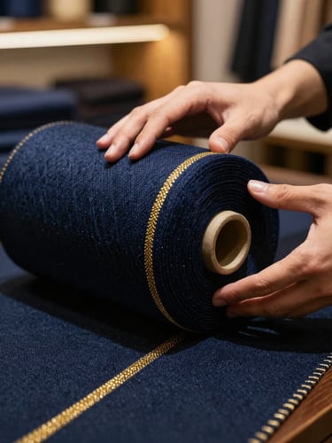 A close-up of hands feeling a roll of rich navy blue wool fabric, gold threads visible in the selvage, warm ambient light in a luxury showroom.