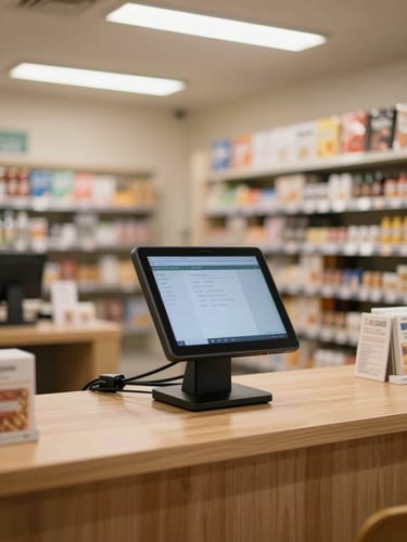 Wide shot of a small retail counter, a point-of-sale touchscreen terminal active on the countertop, neat cables running behind, warm fluorescent workspace lighting, shelves of products blurred in background, no people visible