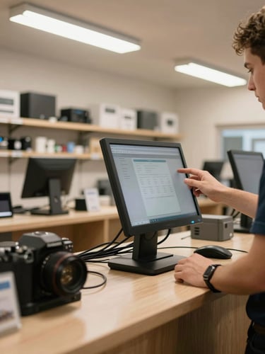 Wide shot of a small retail counter with a point-of-sale terminal freshly installed, cables neatly routed, warm fluorescent workspace lighting, hands of a technician adjusting the monitor angle, equipment in focus against tiled shelving in background