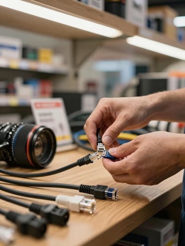 Close-up of hands carefully routing a network cable behind a retail counter, tools and connectors laid out neatly on a wooden surface, warm fluorescent workspace lighting, real shop environment
