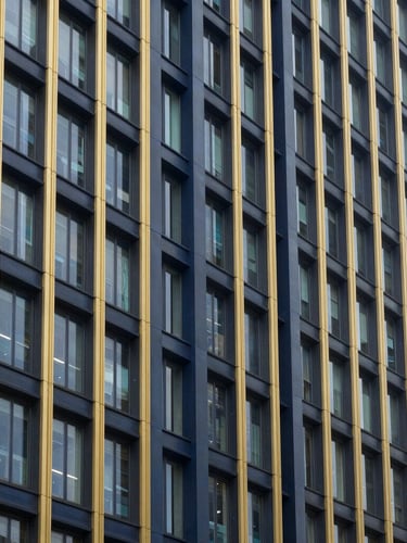 Sharp architectural photography of a modern corporate building steel frame structure under bright daylight, crisp focus, 35mm