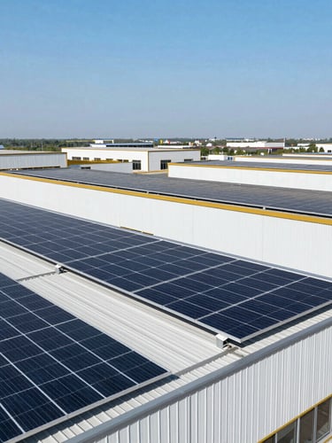 Wide shot of a modern logistics warehouse with rooftop solar panels, bright daylight, clean architectural lines