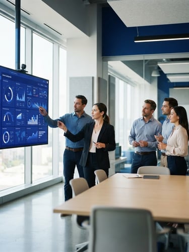 Wide shot of a modern, sleek training room with professionals collaborating around a data dashboard on a large screen, crisp natural office light, deep royal blue and clean white tones, shallow depth of field, 35mm.