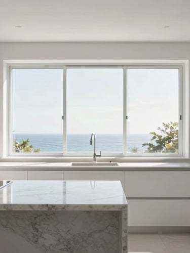 Bright architectural interior photography, crisp natural daylight on a clean minimalist kitchen with polished marble countertops and streak-free glass windows, 35mm