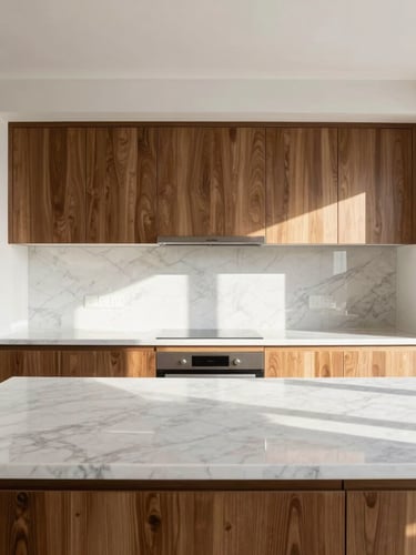 Straight-on architectural shot of a bright, sunlit modern kitchen with streak-free marble countertops and polished walnut cabinetry, natural high-key daylight, 35mm