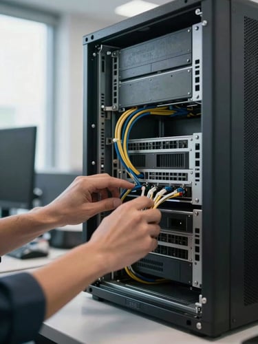 Close-up environmental shot of an open server chassis on a desk in a real SME office, hands tracing cable routing under natural window light from the left, dust and worn equipment visible, no glamour