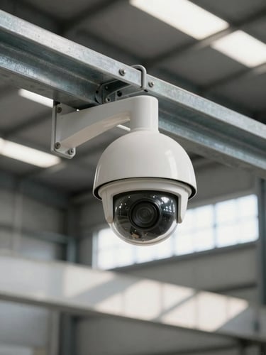 Close-up wide shot of a CCTV dome camera mounted on a steel I-beam inside a real warehouse, natural industrial light from high windows casting hard shadows on concrete floor below, camera bracket and conduit visible, no people, honest documentary framing