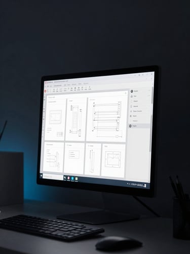Close-up of a high-end designer workspace, glowing computer screen displaying clean UI wireframes, moody low-key ambient lighting, deep charcoal background with subtle neon blue accents