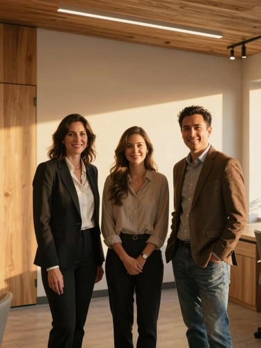 A candid, professional portrait of real estate agents in Sandy, Utah, standing in a bright modern office with warm wooden accents and natural golden-hour light streaming in, 35mm