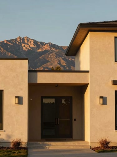 Warm golden-hour exterior of a modern Utah home with clean architectural lines, Wasatch range in the far background, soft natural light, 35mm
