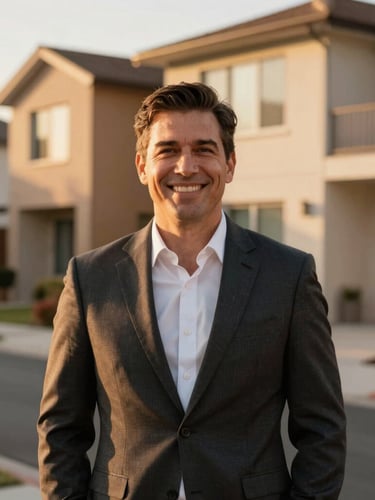 A professional portrait of a real estate advisor in natural golden-hour light, smiling warmly, with a soft-focus modern Sandy residential street in the background.
