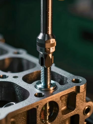 Macro shot of a high-end calibrated torque wrench tightening a clean steel bolt on a modern engine block, moody lighting with warm amber highlights, deep forest green background shadows, 35mm lens.