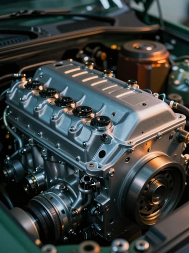 Macro shot of a pristine, high-performance engine bay, cool steel-blue metallic surfaces contrasted with warm amber light filtering from the side, clean mechanical components, shallow depth of field, 35mm lens.
