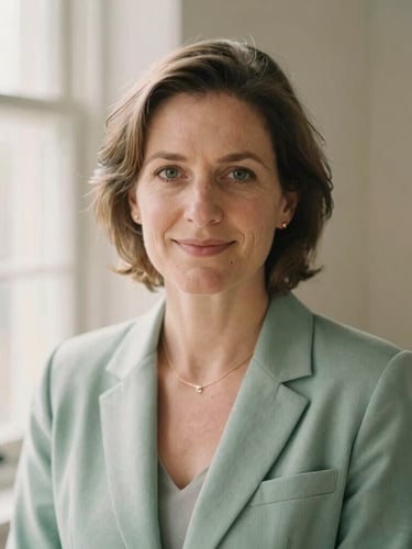 Warm professional portrait of psychologist Michele Soero, looking friendly and approachable, wearing a soft sage green blazer, natural morning window light, shallow depth of field, 35mm film aesthetic