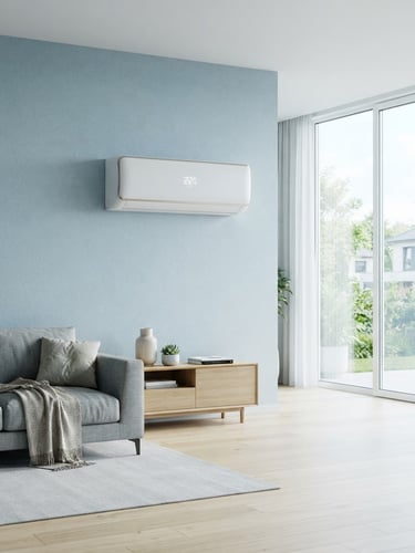Sleek wall-mounted air conditioner in a bright, modern living room with cool ice-blue undertones, soft daylight streaming through a large window, crisp product photography.