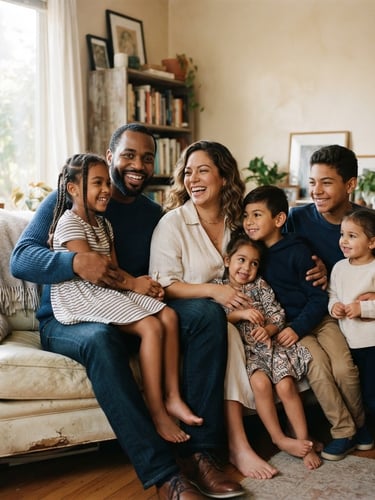 Candid portrait of Anthony and Crystal Obey, a warm, diverse couple, smiling with their five children in a home setting, natural window light, soft cream and deep blue tones, candid, 35mm