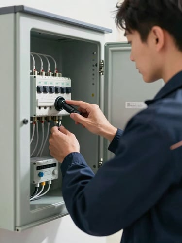 Close-up of a professional technician in a clean navy uniform inspecting a modern home utility panel, bright natural daylight.