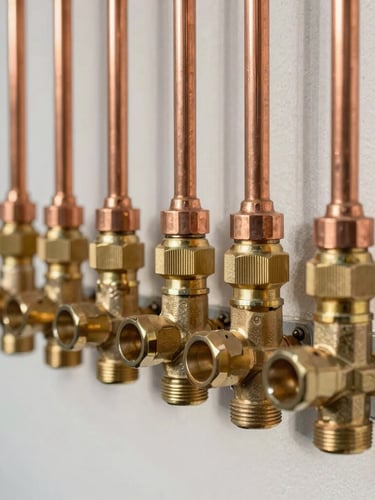 Close-up of perfectly aligned copper pipework and brass fittings installed against a clean utility wall under bright daylight.