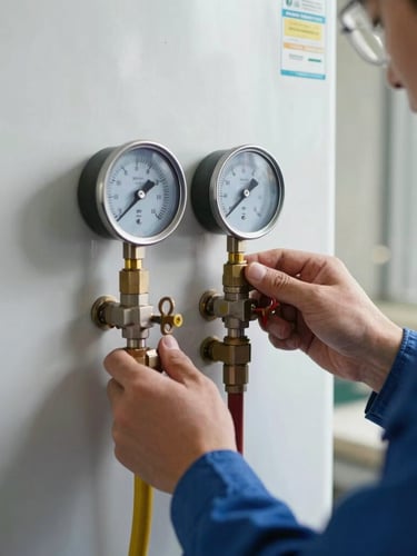 Close-up of a professional gas engineer verifying pressure gauges on a newly installed boiler, bright natural daylight, clean workspace