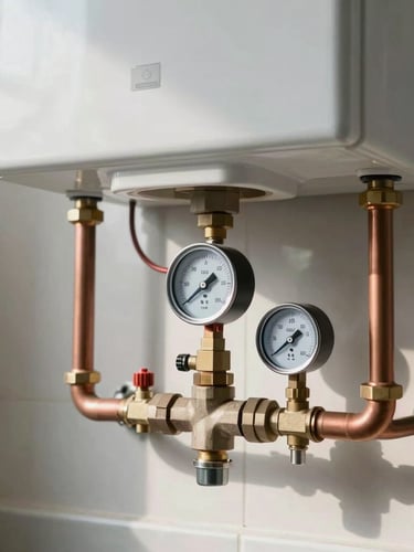 A modern domestic boiler installation with clean, parallel copper piping, bright natural daylight, tight focus on the pressure gauge and a visible Gas Safe registration sticker.