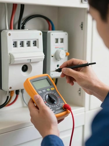 Close-up of a professional electrician testing a modern domestic consumer unit with a digital multimeter, bright natural daylight, clean work.