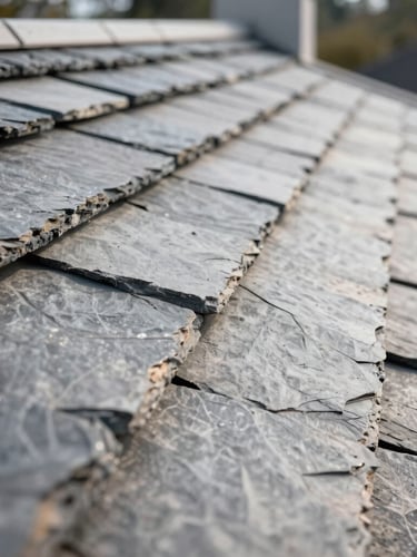 A close-up of clean, newly laid slate tiles on a residential roof, showing neat craftsmanship and straight rooflines under bright daylight