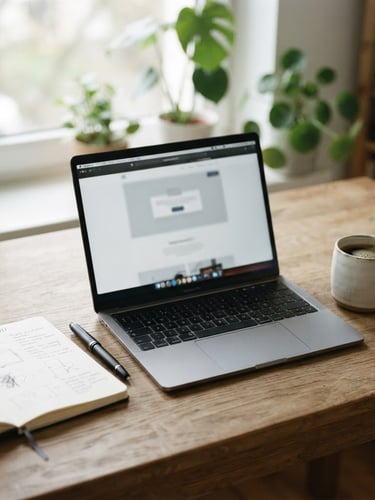 Espaço de trabalho limpo e focado, com notebook aberto, caderno, caneta e um copo de café, em luz natural suave, composição organizada, estilo editorial.