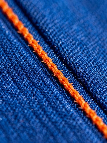 Macro extreme close-up of technical fabric stitching, high-contrast direct sunlight showing the fine knit texture and bright orange accent thread, sharp shadows.