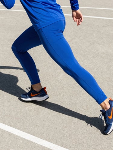 Low-angle dynamic shot of an athlete in motion on a sun-drenched concrete court, sharp shadows, wearing vibrant cobalt blue athletic apparel, 35mm lens.