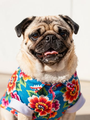 A happy pug wearing a colorful Mexican-style floral shirt, looking directly at the camera, bright warm daylight, shallow depth of field