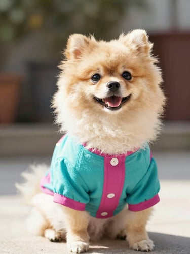 Bright high-key pet photography of a happy Pomeranian dog wearing a colorful teal and magenta shirt, sitting proudly, warm natural daylight, shallow depth of field