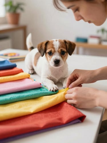 A cozy family workshop in Guanajuato, hands carefully measuring colorful fabrics for a small dog, soft warm indoor lighting