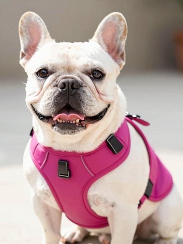 Bright high-key pet photography of a happy French Bulldog wearing a custom ergonomic magenta fabric harness cover, sitting in warm natural daylight, shallow depth of field