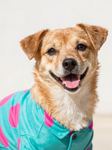 Close-up of a happy small dog wearing a vibrant teal and magenta patterned shirt, bright natural daylight, high-key pet photography