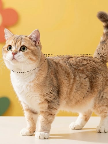 Studio diagram of a cute short-haired cat standing sideways, marked with soft dashed lines showing where to measure neck, chest, and back length, bright playful background
