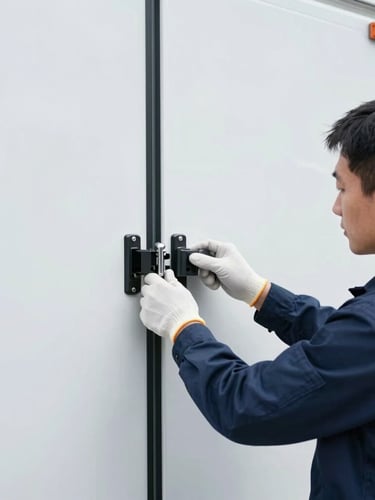 Professional logistics technician in a clean uniform, wearing gloves, carefully securing a climate-controlled transport bay door with a high-security lock mechanism, cool daylight, sharp focus.