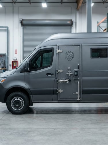 Profile view of a FACT DICE INC secure transport vehicle, sleek and modern, parked in a clean industrial facility, cool crisp daylight, focused on the vehicle's secure locking mechanisms and branding. 35mm.