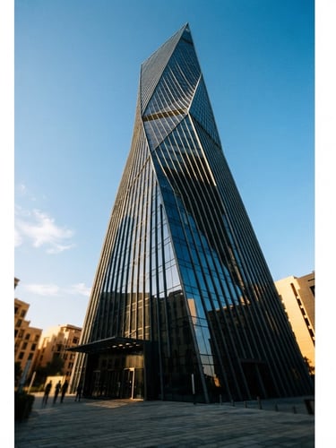 Low-angle heroic architectural shot of a modern glass and steel skyscraper facade in Abu Dhabi, sharp desert morning light casting long dramatic shadows, deep obsidian and warm sand tones, 35mm lens